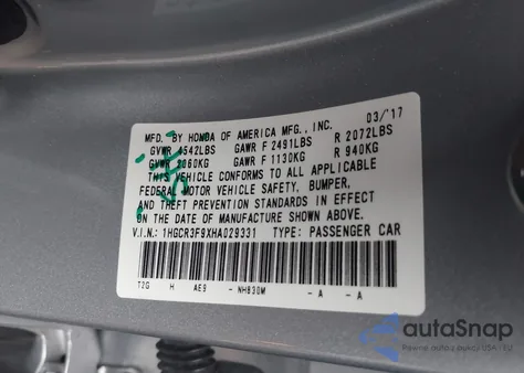 2017 Honda Accord Touring V6 from USA, damaged, VIN 1HGCR3F9XHA029331